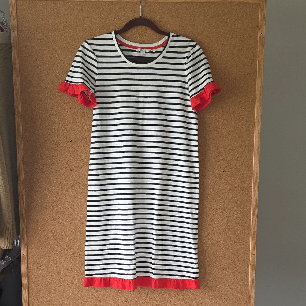 Boden Breton Navy & White Striped Dress w Bright Red Trim Ruffled Hem. Size 4R